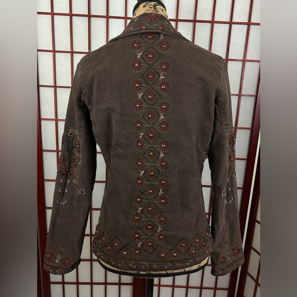 Vintage Brown Grunge Embroidered Unique Funky Embellishmed Button Denim Jacket - Picture 2 of 7